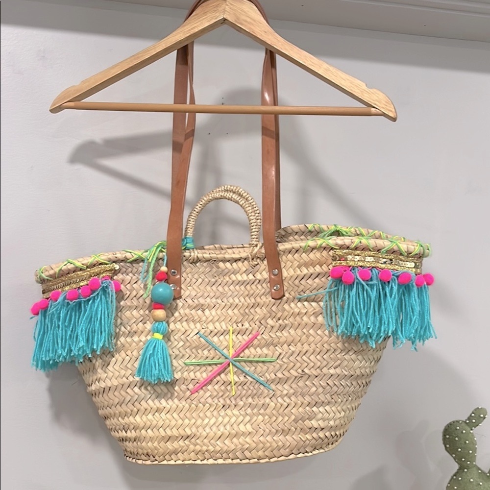 Maroccan Straw Colorful Tote Leather Straps Beach Bag, NWOT